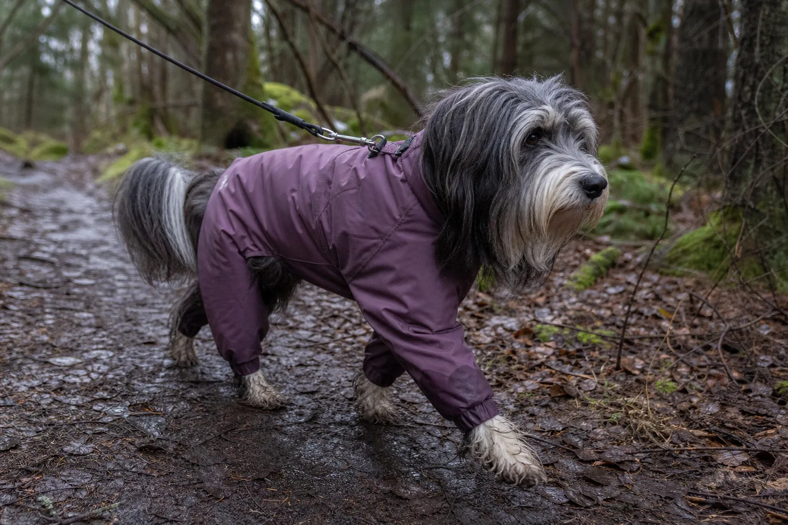 Hund i overall på lerig skogsstig