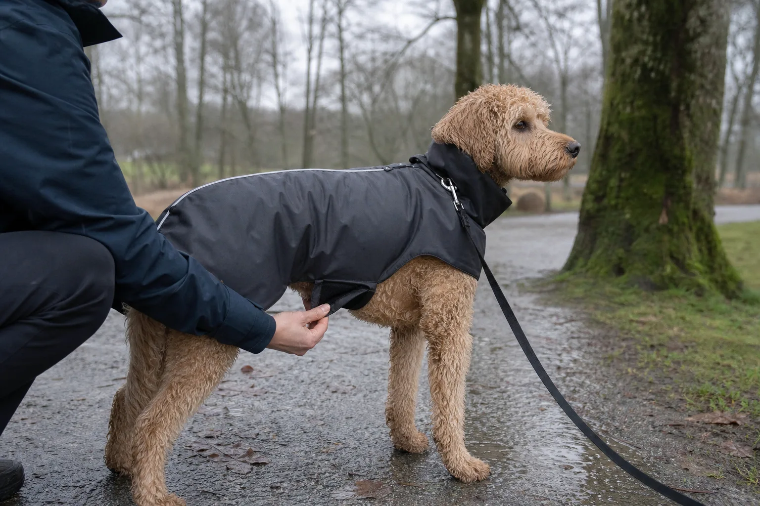 Hund med välpassande täcke på parkstig