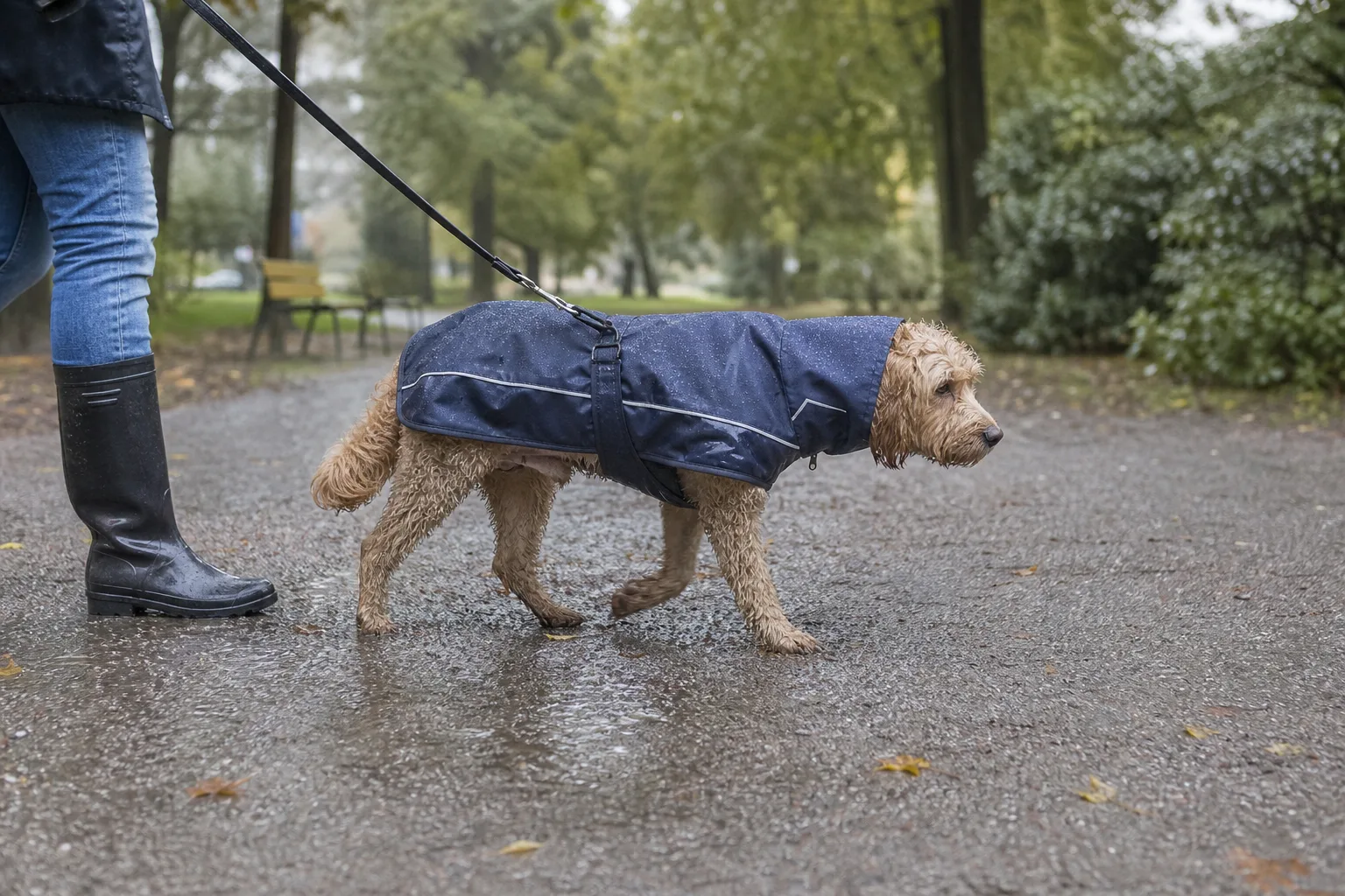 Hund i regntäcke på våt gångväg i parken