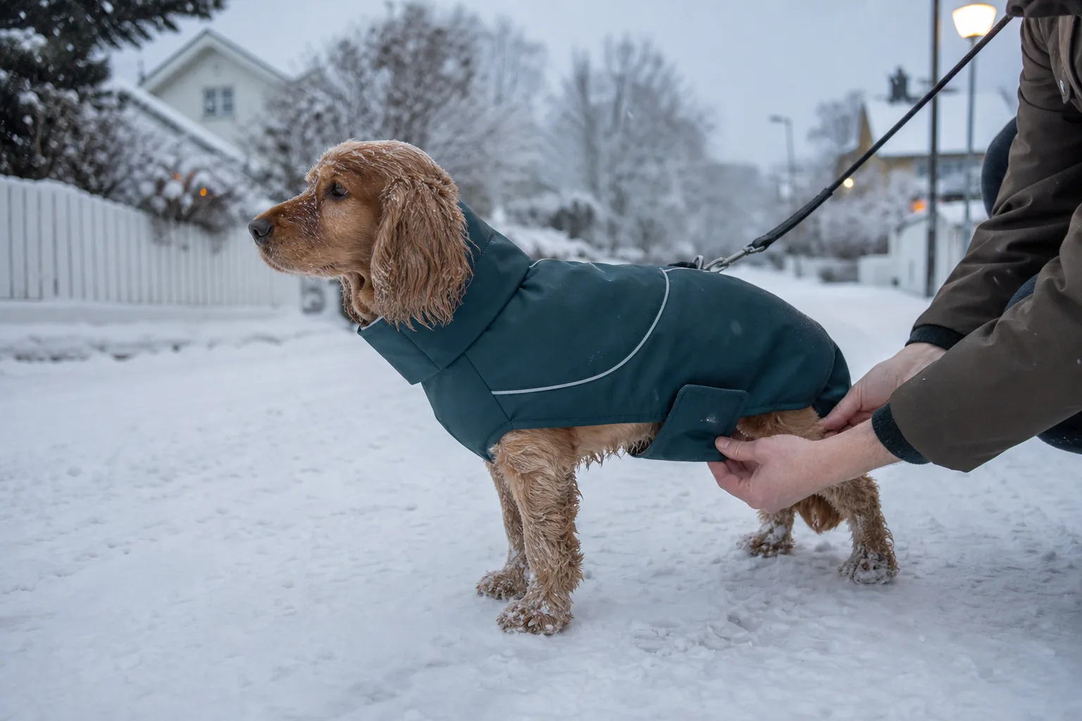 Hund i vintertäcke på snöig villagata
