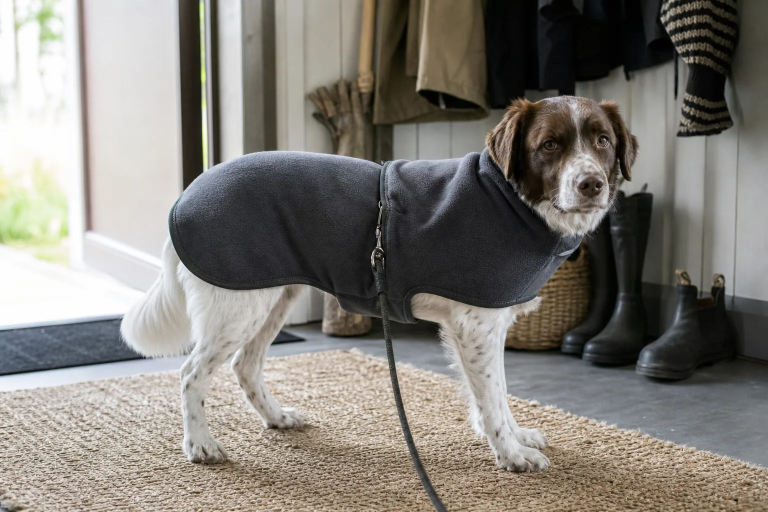 Hund i fleecetäcke står i hall efter promenad
