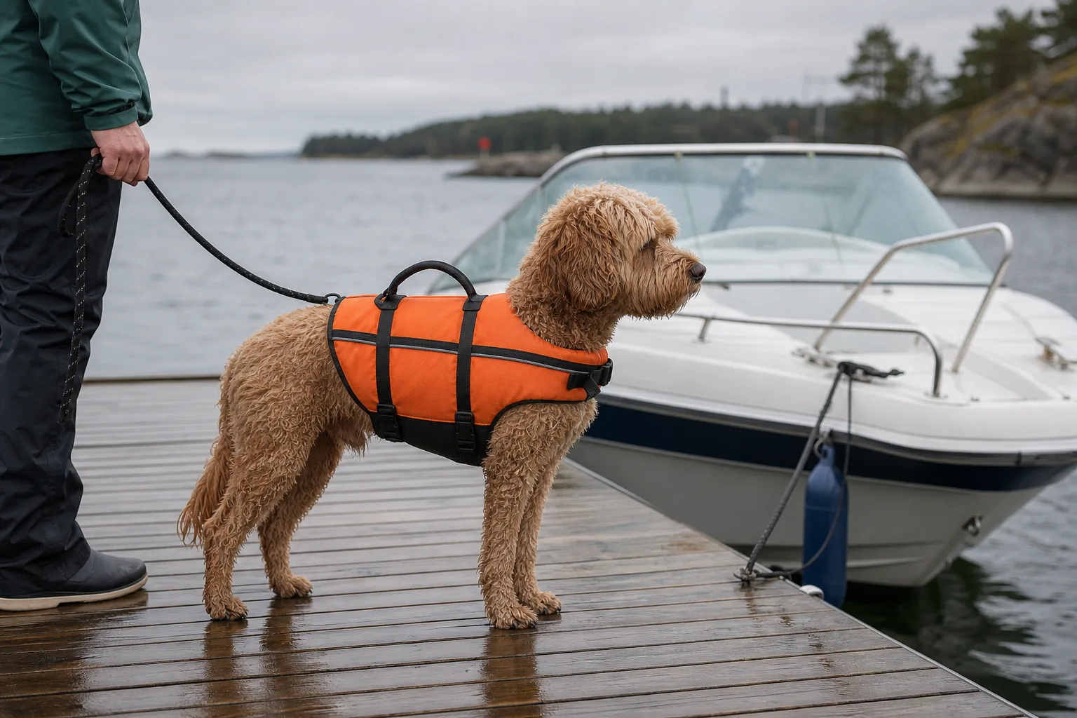 Hund i knäppt flytväst står på brygga