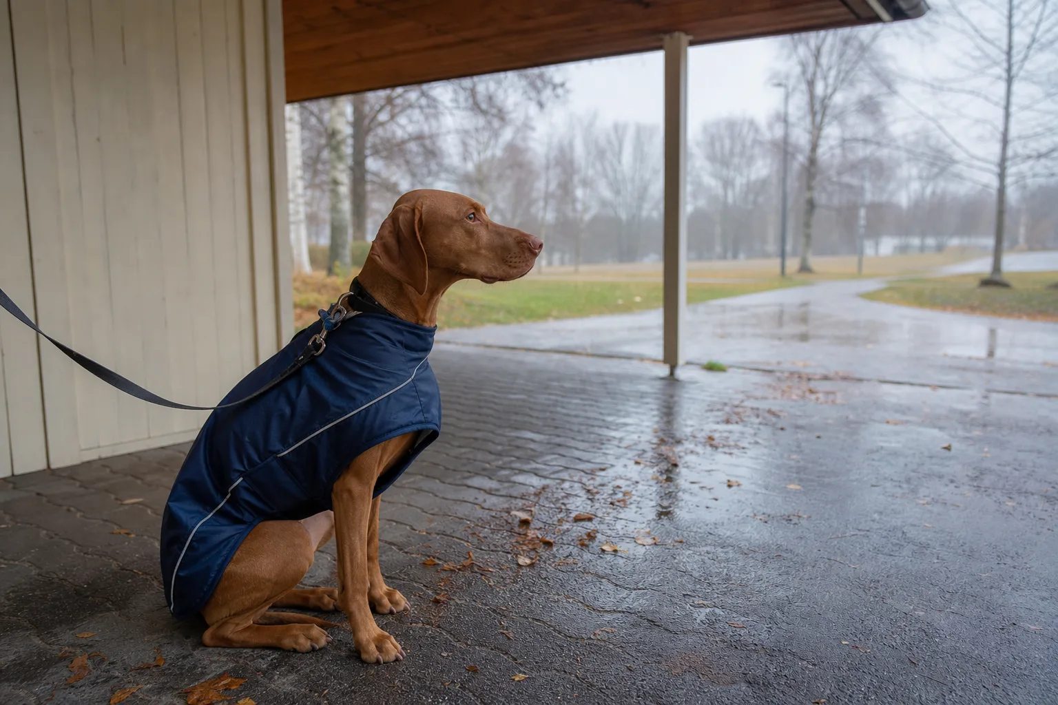 Korthårig hund i täcke väntar under skärmtak