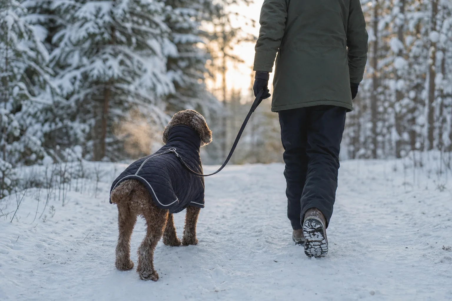 Hund i varmt täcke på snöig skogsstig