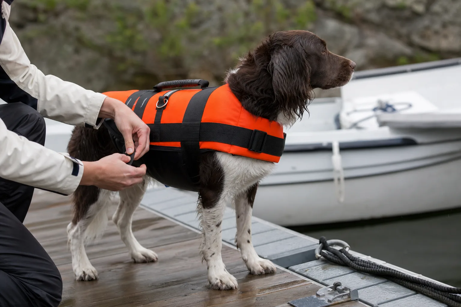 Flytvästens remmar kontrolleras på hund vid brygga