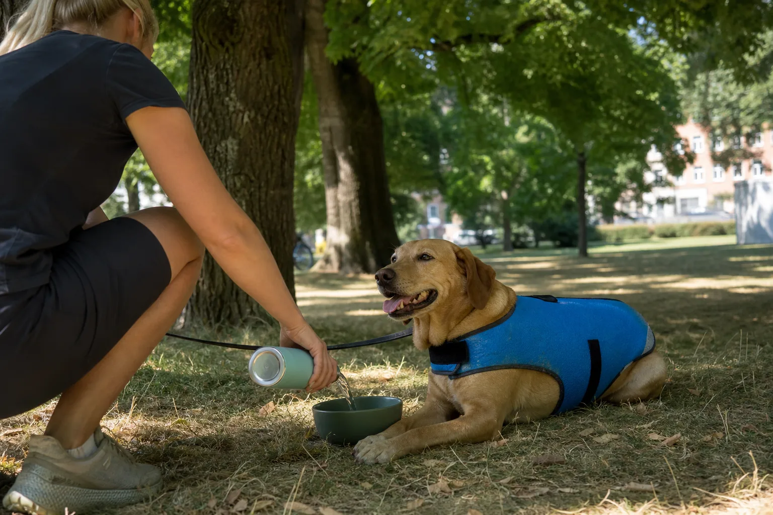 Hund i kylväst pausar i skugga med vattenskål