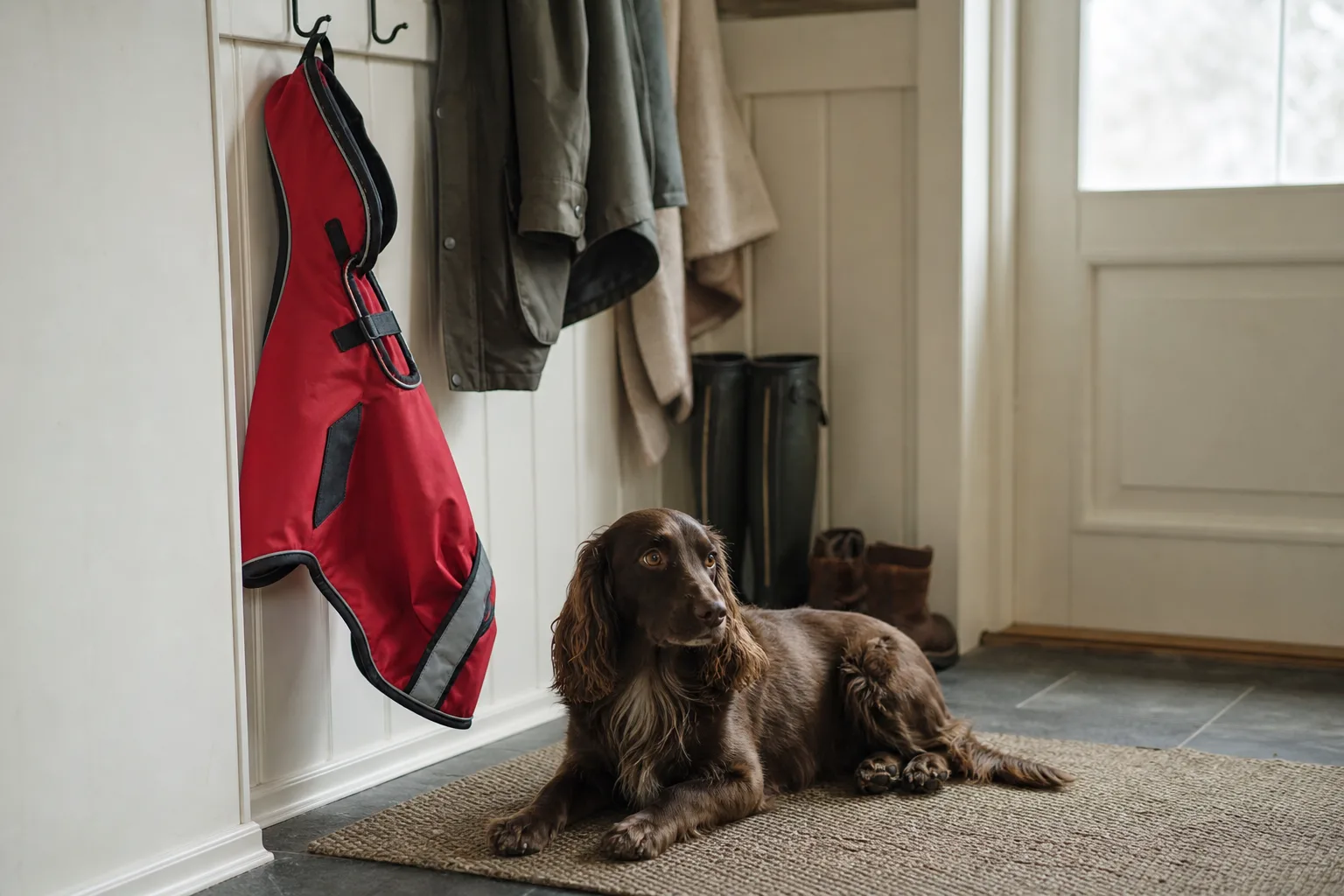 Hundtäcke torkar på krok i hall med hund på mattan