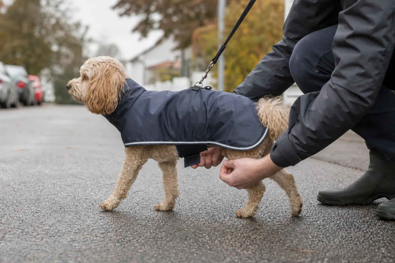 Liten hund i täcke som inte släpar mot marken