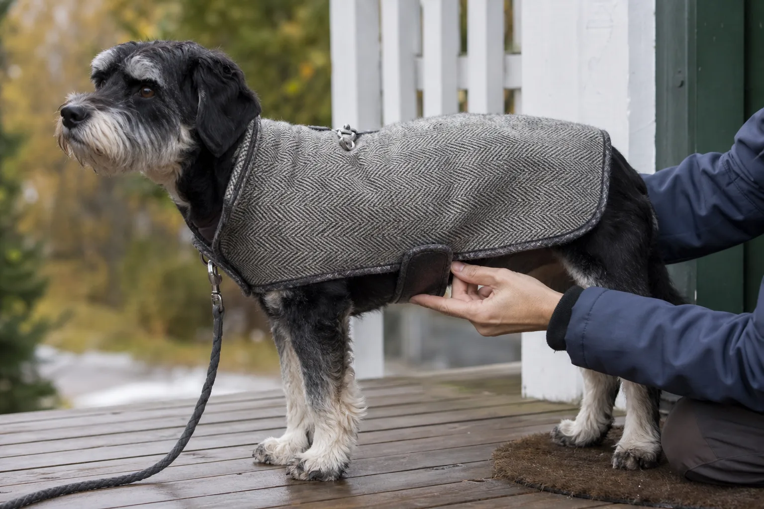 Hund i ulltäcke på veranda i höstväder