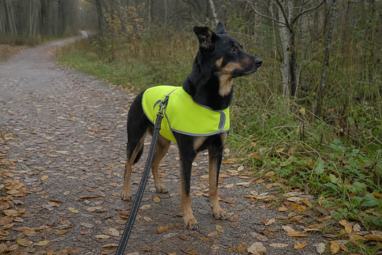 Hund i synlig väst vid skogsstig
