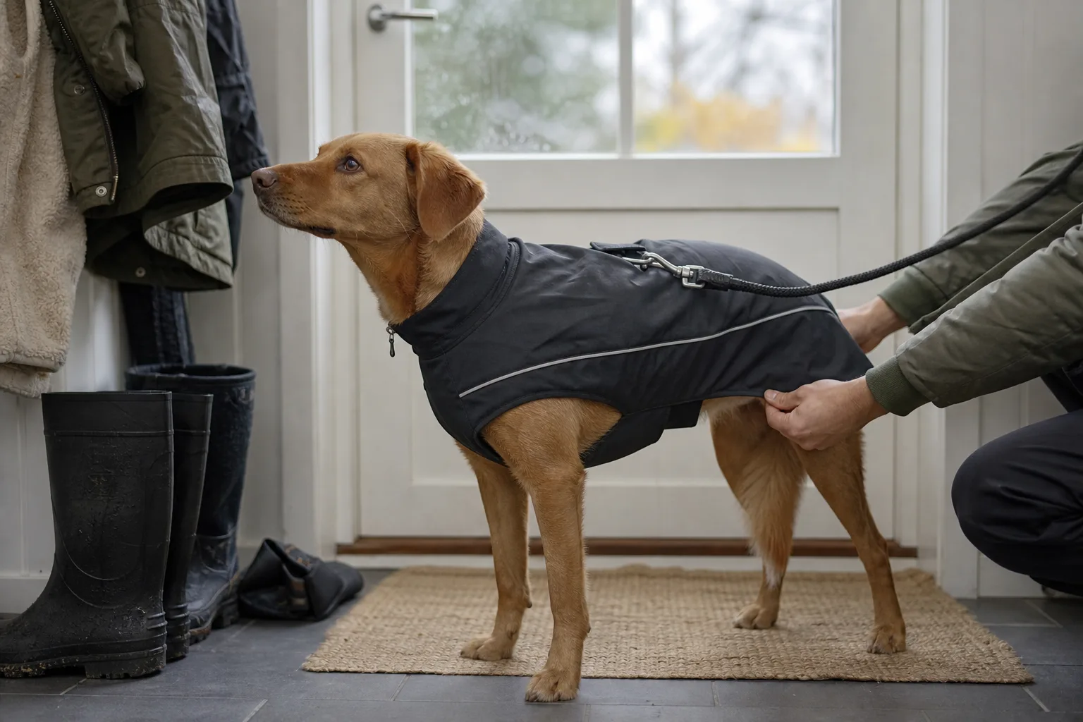 Hund i täcke väntar vid ytterdörren inför promenaden