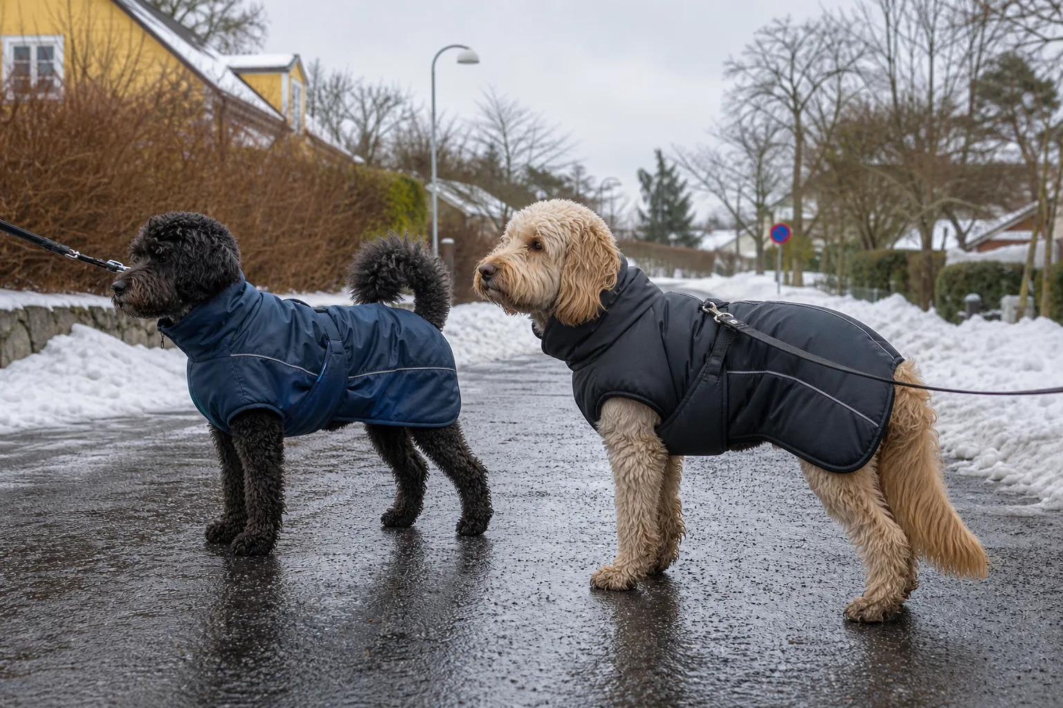 Hundar i regntäcke och vintertäcke vid snöslask