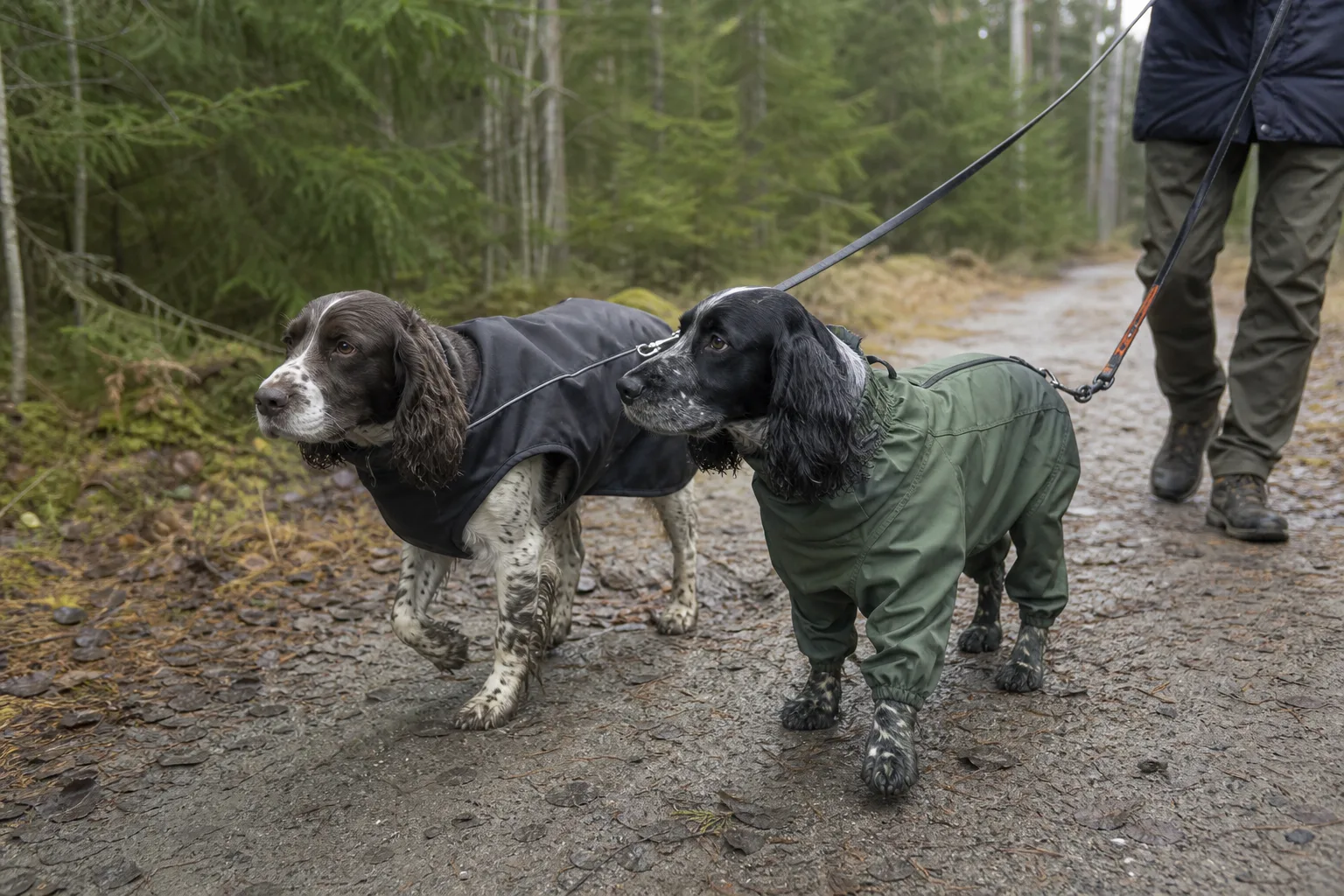 Hundar i täcke och overall går på lerig stig