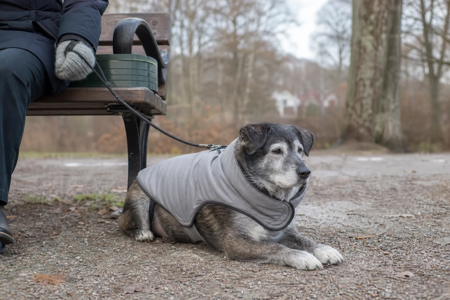 Äldre hund vilar i värmetäcke vid parkbänk