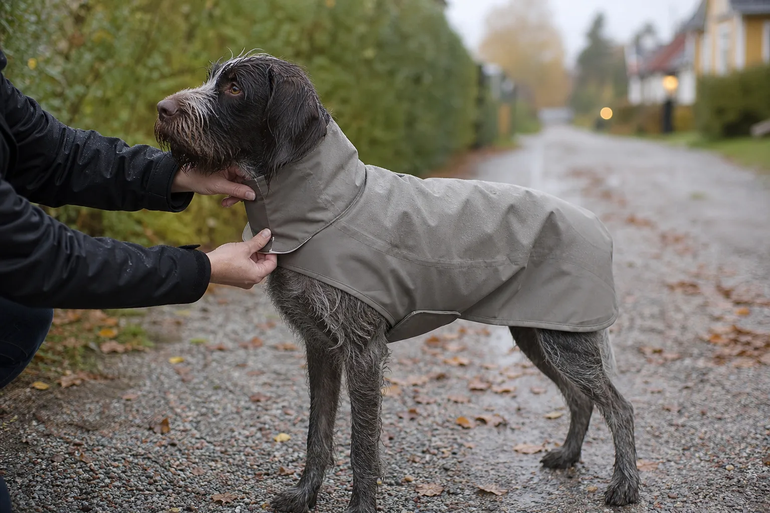 Regntäckets halsöppning provas på hund i höstregn