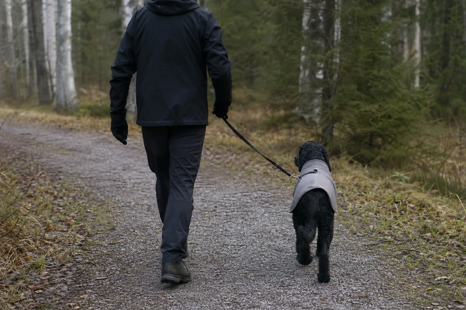 Hund i täcke på skogsstig med fri bogrörelse