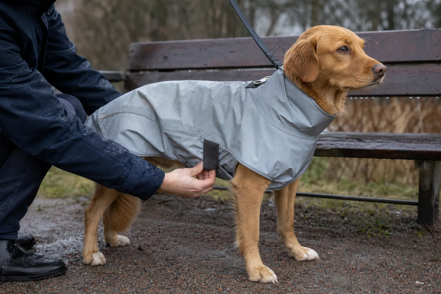 Magrem på hundjacka knäpps inför regnpromenad