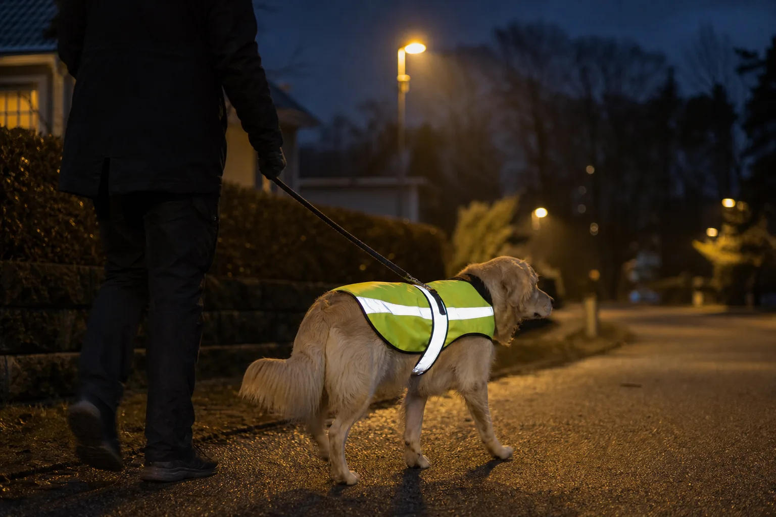 Hund i reflexväst på upplyst gångväg i skymning