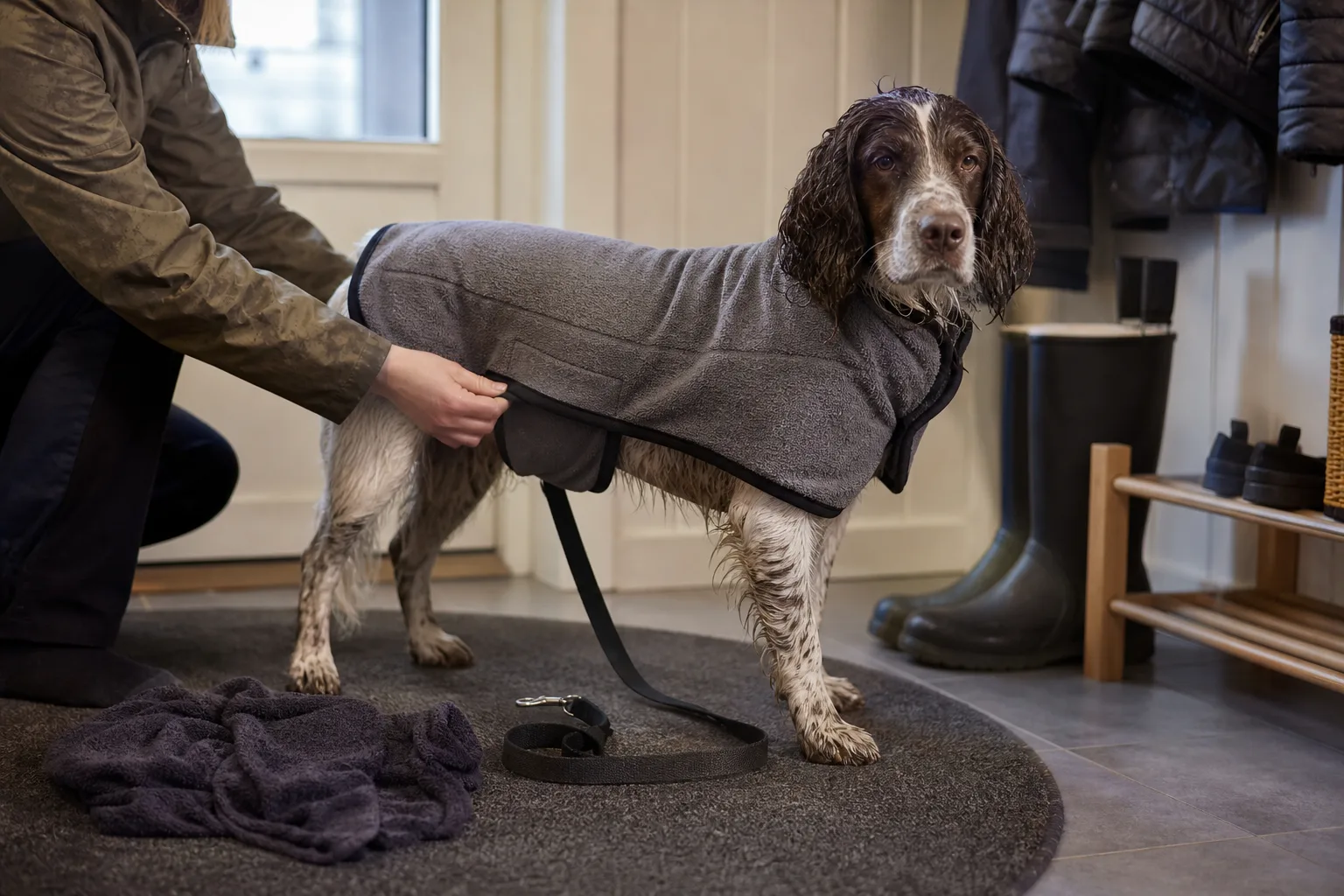 Blöt hund i torktäcke på hallmatta