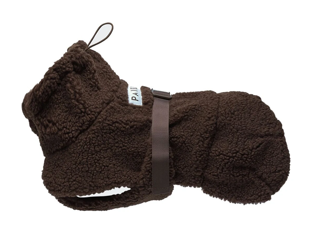 Brun sherpatröja för hund med huva och seleöppning